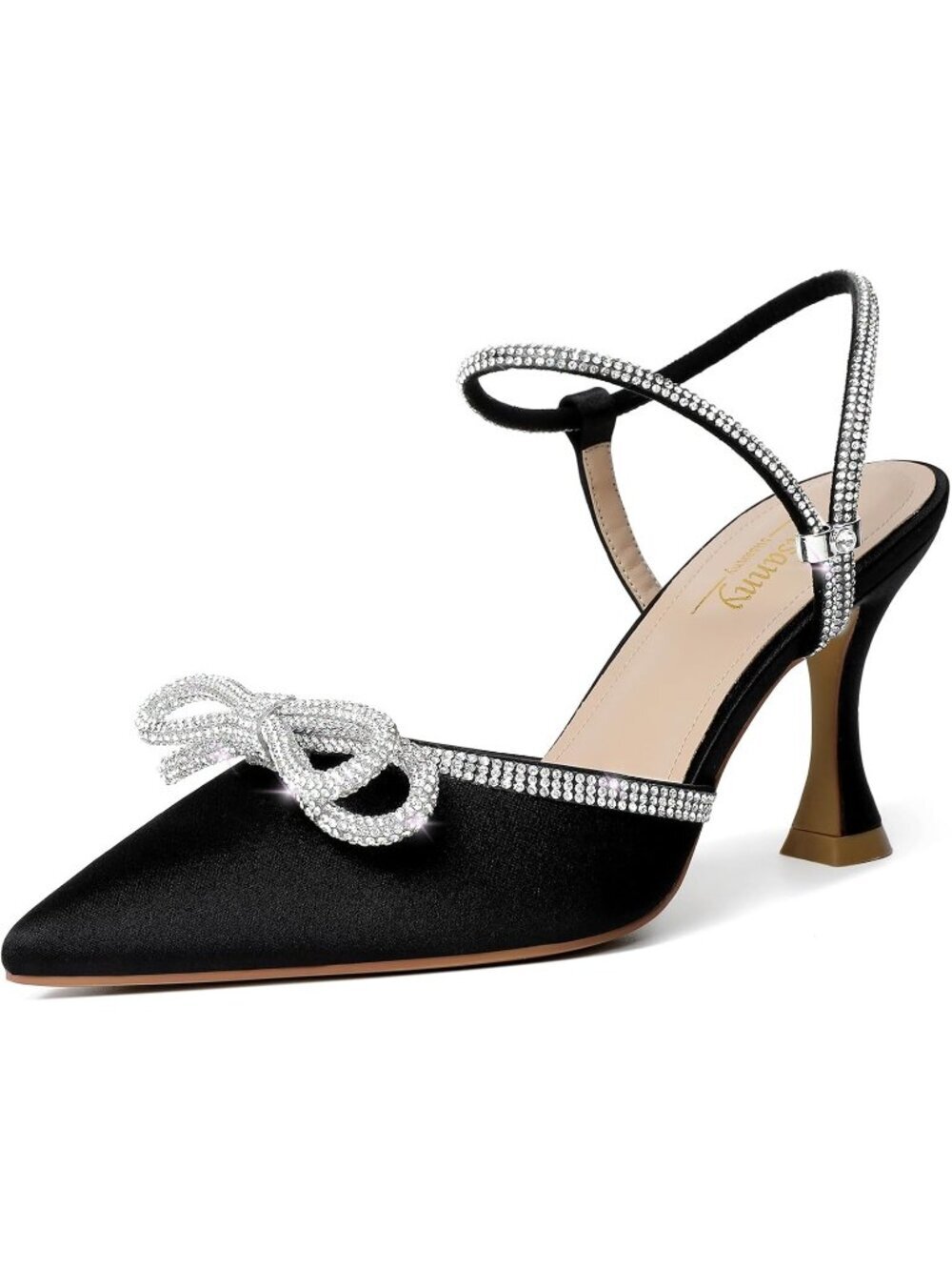 Women's Black Kitten Closed Toe Rhinestone Low Slingback Shoes Kitten Heels
